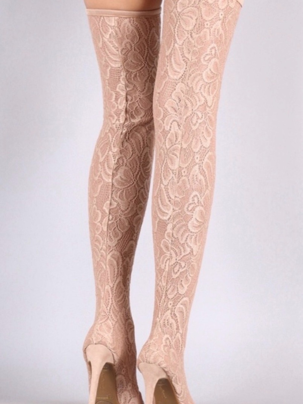Sheer Stretch Lace Thigh-High Heeled Boots